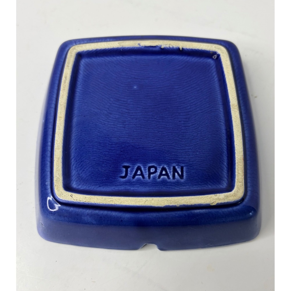 Vintage Japan Ceramic Ashtray Cobalt Blue Yellow Flower MCM Retro Square 5in - Picture 2 of 4
